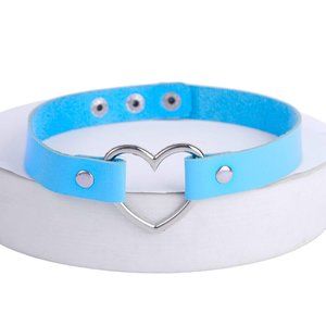 Leather Choker Collar Necklace Punk Heart Blue Rivet Goth Sexy Cosplay Rave Sexy